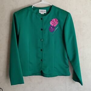 Vintage Andrea Gayle Green Satin Blouse Embroidered Floral Kitschy USA Teal Med